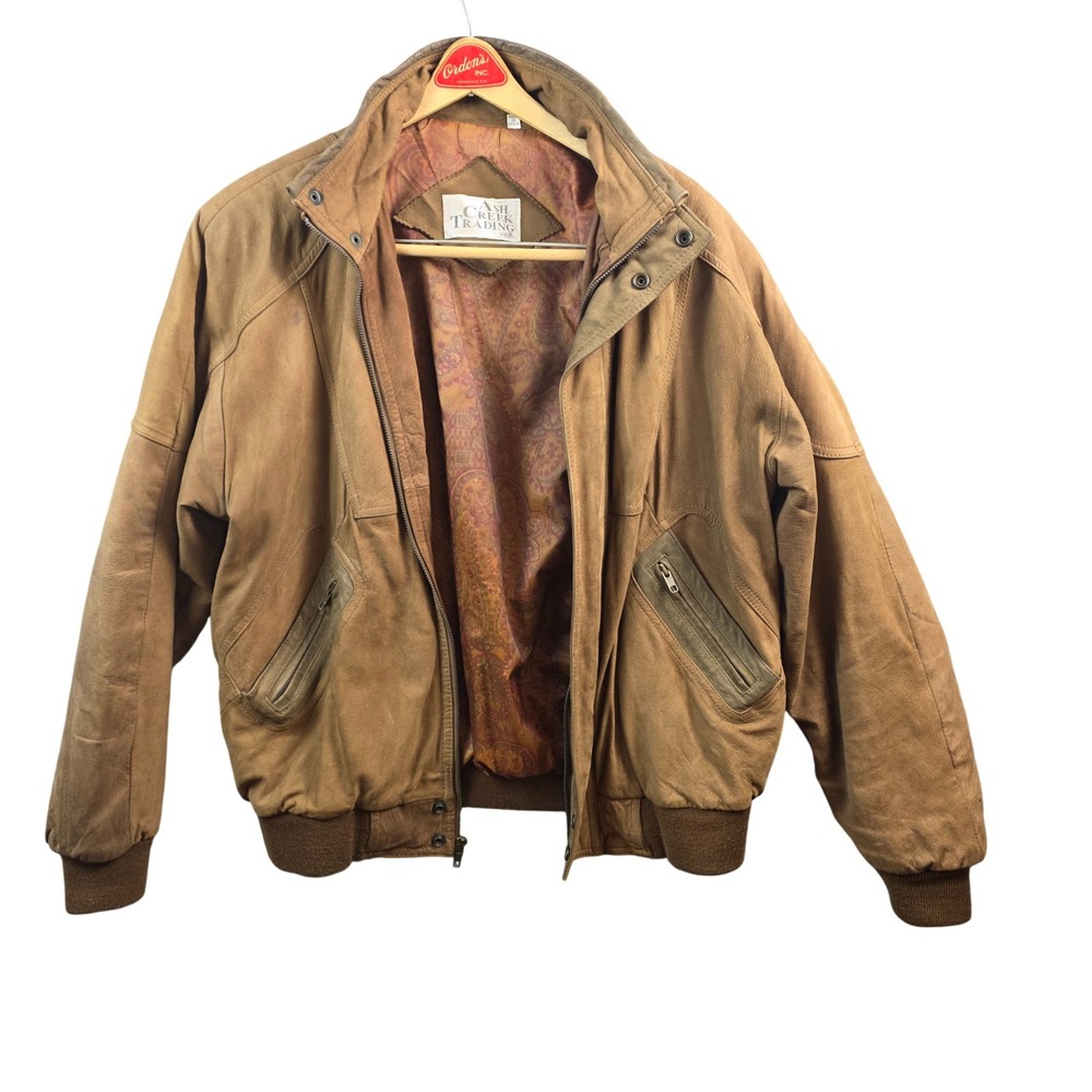 Vintage Ash Creek Trading Men's Brown Suede Paisley Lined Leather Bomber Jacket